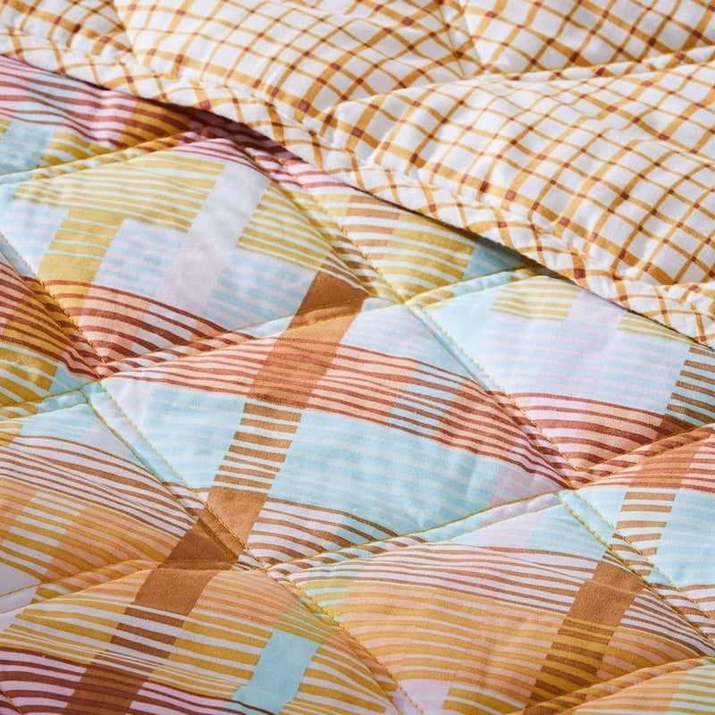 Stonewashed Cotton Printed Mustard Grid Quilted Coverlet