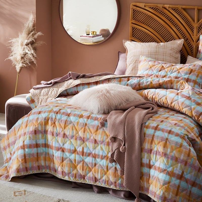 Stonewashed Cotton Printed Mustard Grid Quilted Coverlet