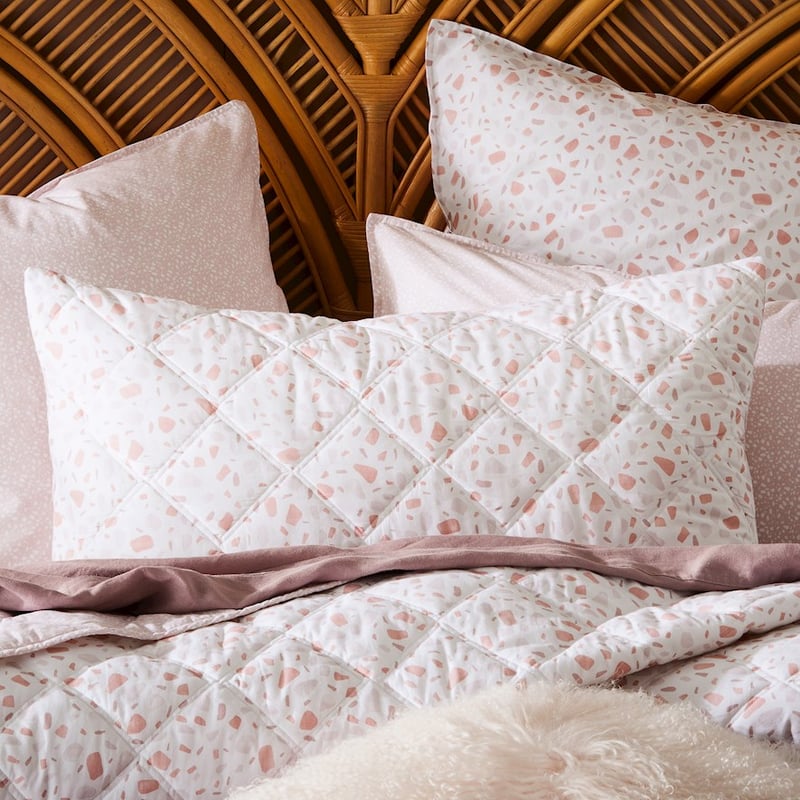 Stonewashed Cotton Printed Pink Terrazzo Quilted Coverlet