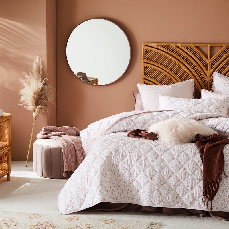 Stonewashed Cotton Printed Pink Terrazzo Quilted Coverlet