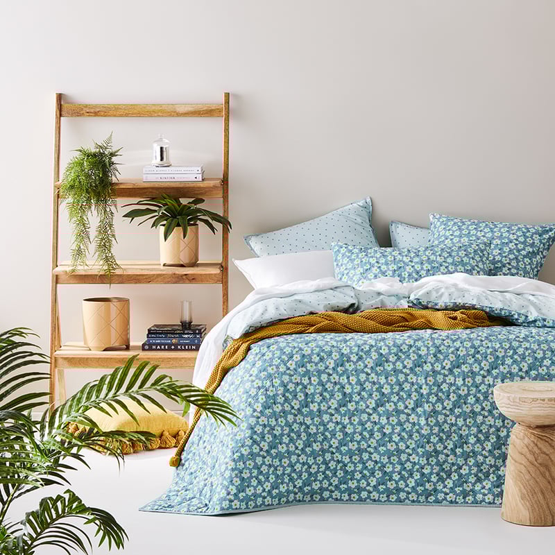 Stonewashed Cotton Printed Sage Daisy Quilted Coverlet