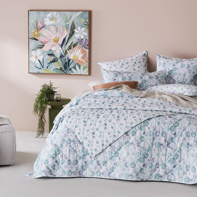 Stonewashed Cotton Printed Quilted Watercolour Spot Coverlet