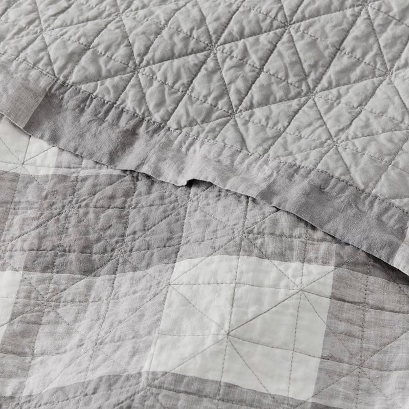 Vintage Washed Linen Large Grey Marle Check Quilted Coverlet Separates