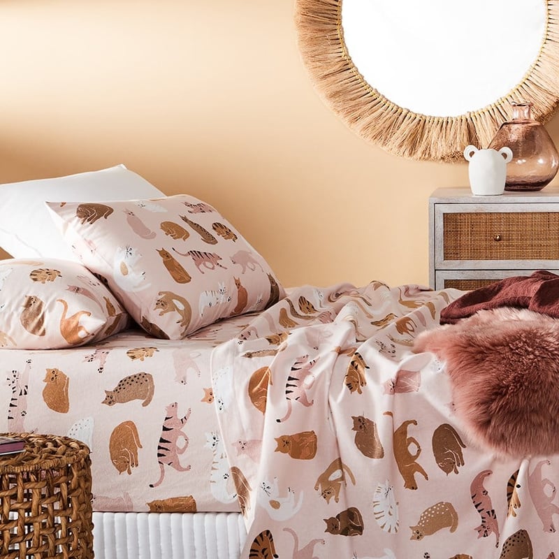 Printed Pink Cat Flannelette Sheet Set