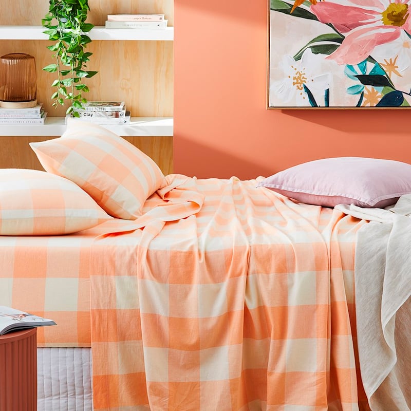 Vintage Washed Linen Cotton Peach Check Sheet Set