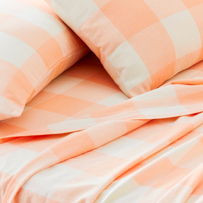 Vintage Washed Linen Cotton Peach Check Sheet Set