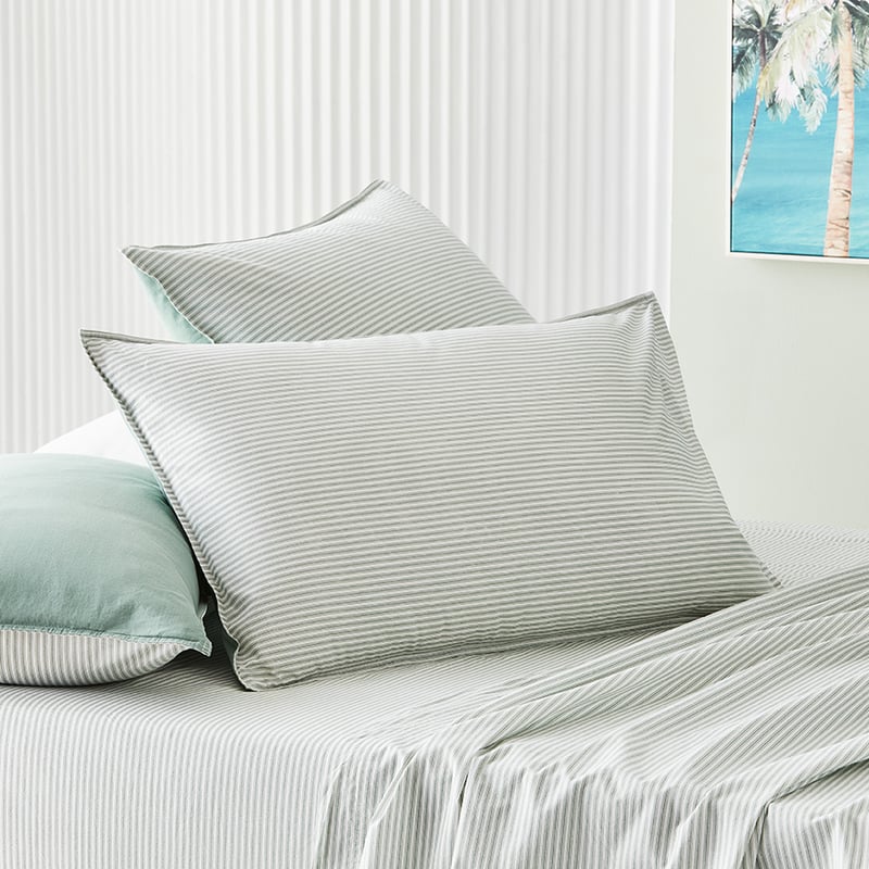 Stonewashed Printed Cotton Greenery Stripe Sheet Separates