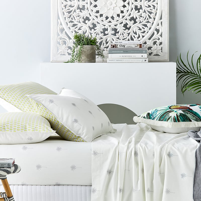 Stonewashed Printed Cotton Palm Silver Sheet Separates