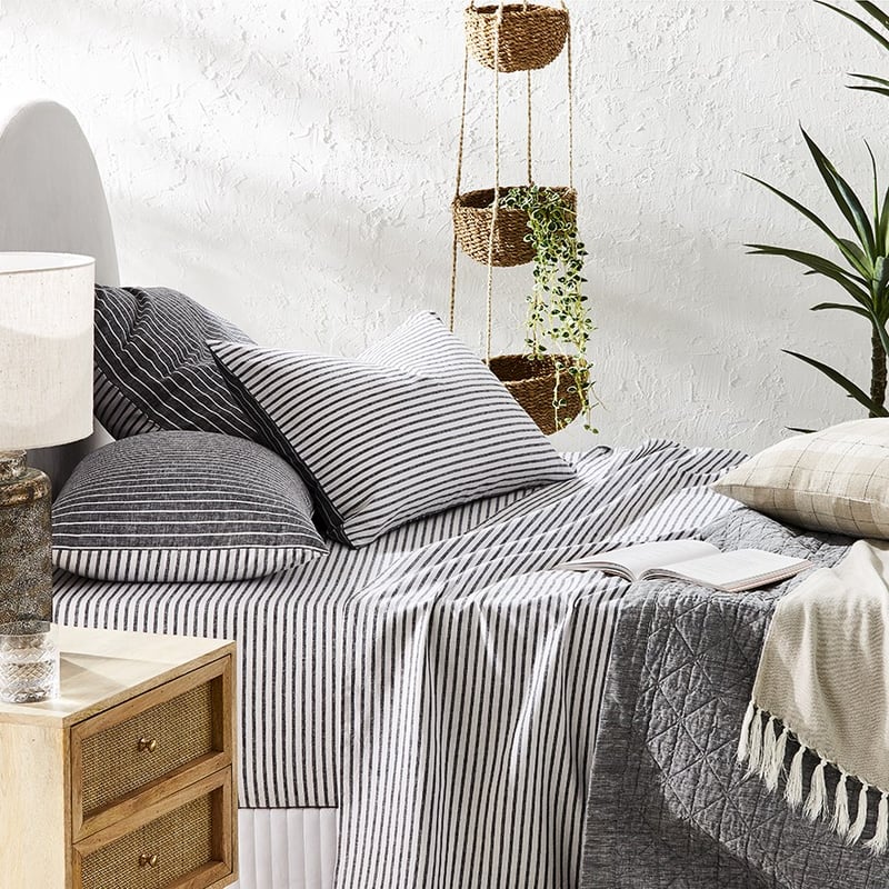 Vintage Washed Linen Cotton Indigo Stripe Sheet Separates