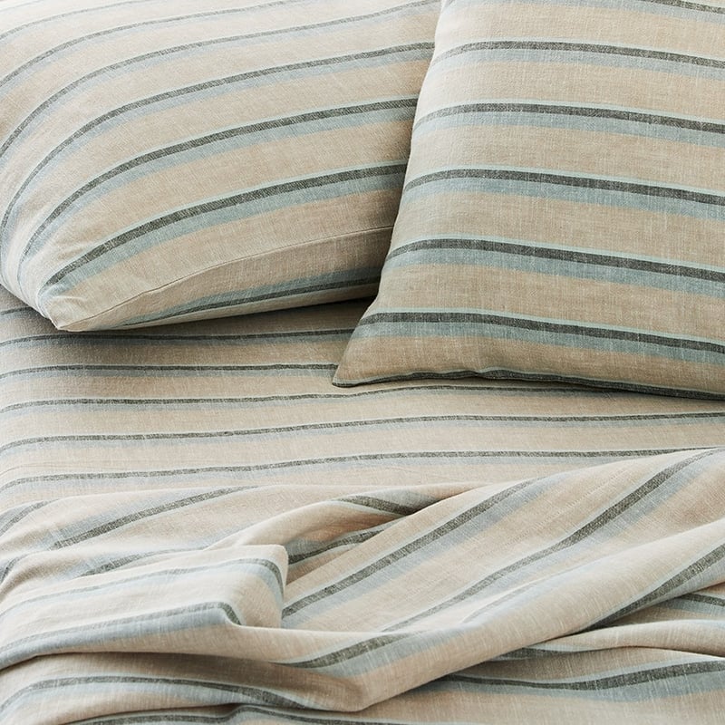Vintage Washed Linen Cotton Cloud Blue Stripe Sheet Set