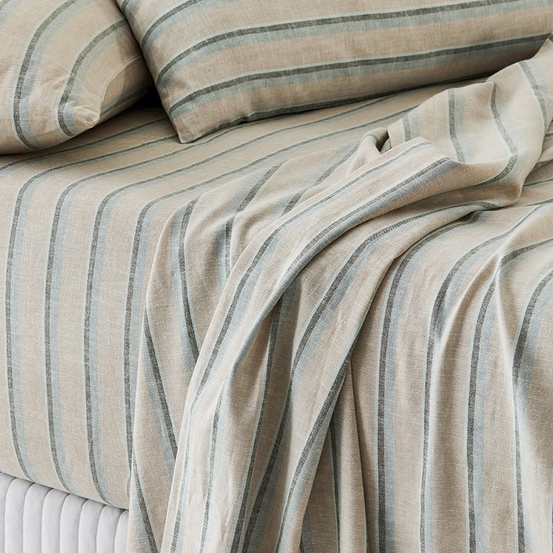 Vintage Washed Linen Cotton Cloud Blue Stripe Sheet Set