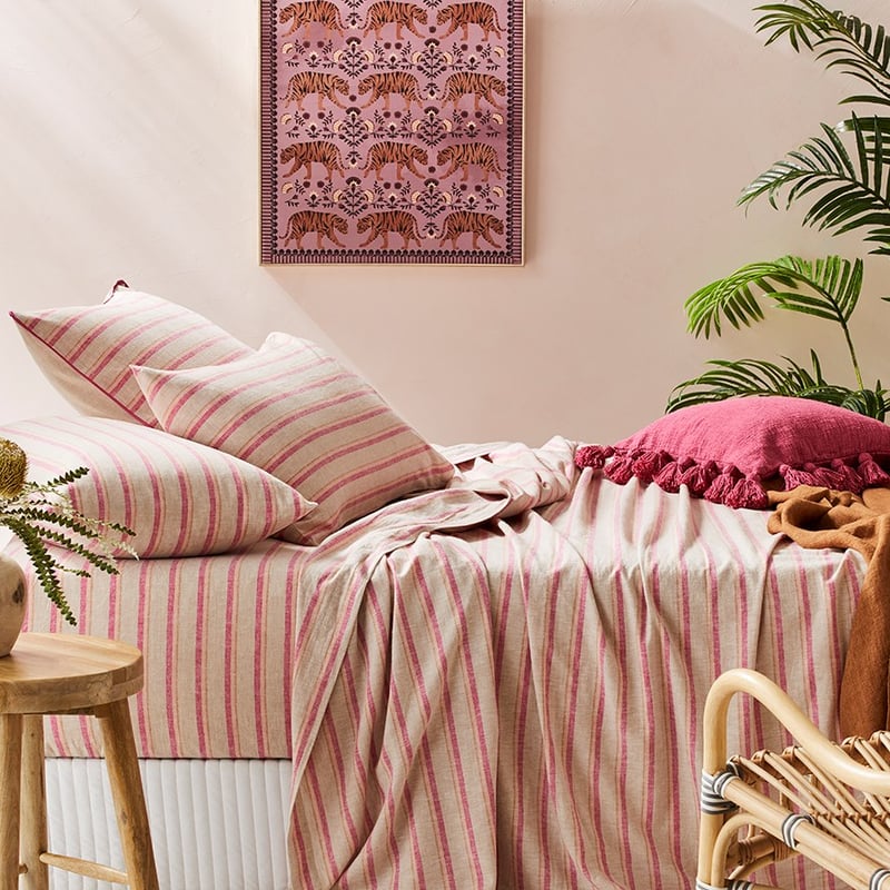 Vintage Washed Linen Cotton Raspberry Stripe Sheet Set