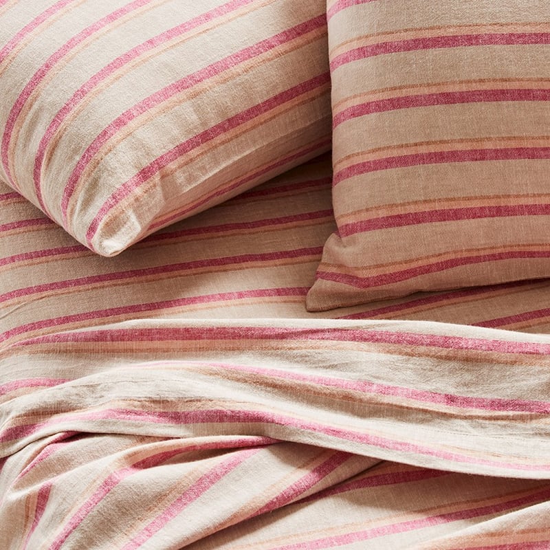 Vintage Washed Linen Cotton Raspberry Stripe Sheet Set
