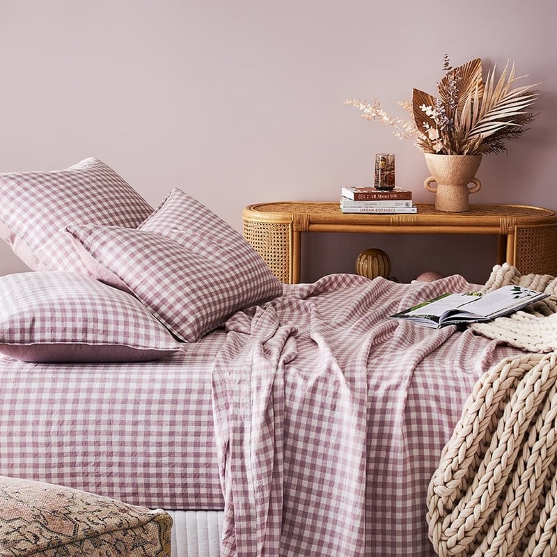 Vintage Washed Linen Dusty Mauve Check Sheet Separates 