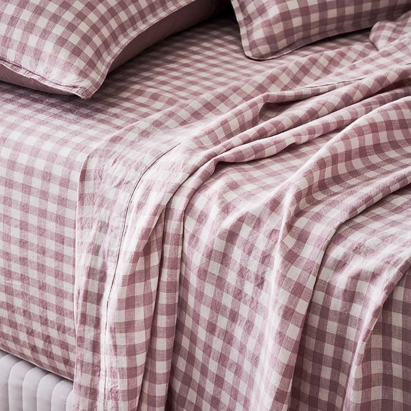 Vintage Washed Linen Dusty Mauve Check Sheet Separates 