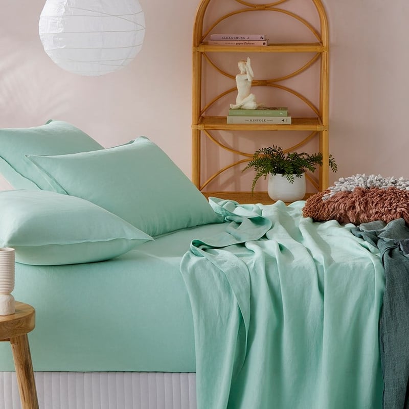 Vintage Washed Linen Dusty Mint Sheet Set