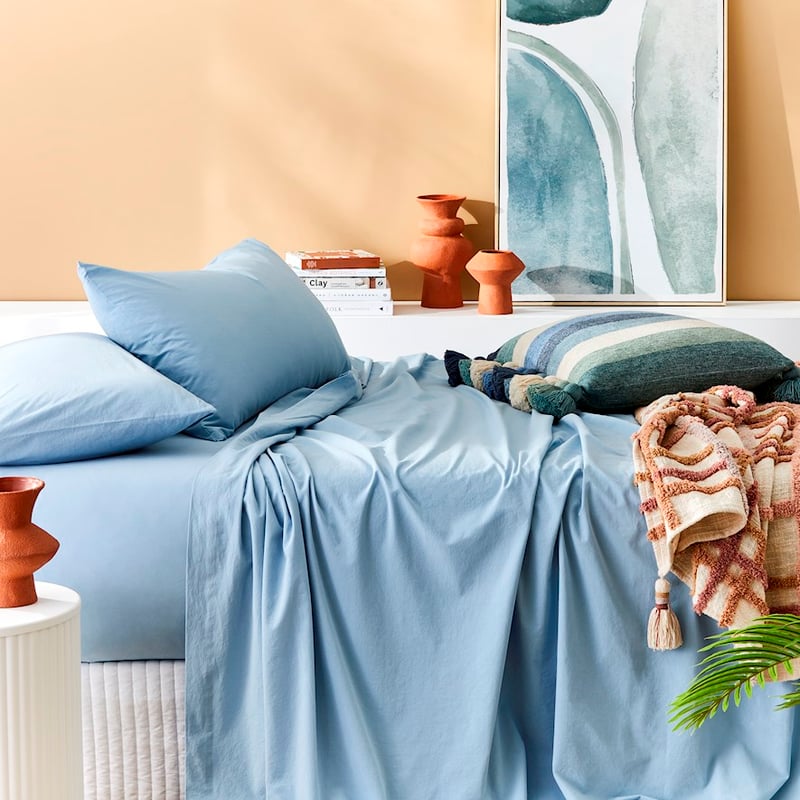 Stonewashed Cotton Sea Blue Sheet Separates 