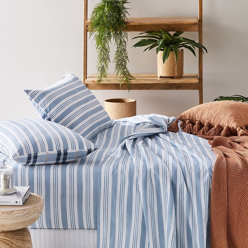 Stonewashed Printed Cotton Blue Stripe Sheet Separates