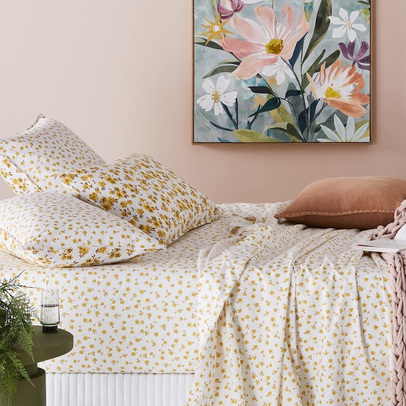 Stonewashed Cotton Printed Mustard Floral Sheet Separates