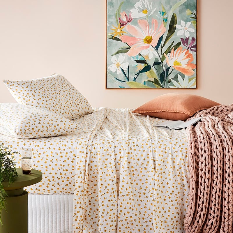 Stonewashed Cotton Printed Mustard Floral Sheet Sets