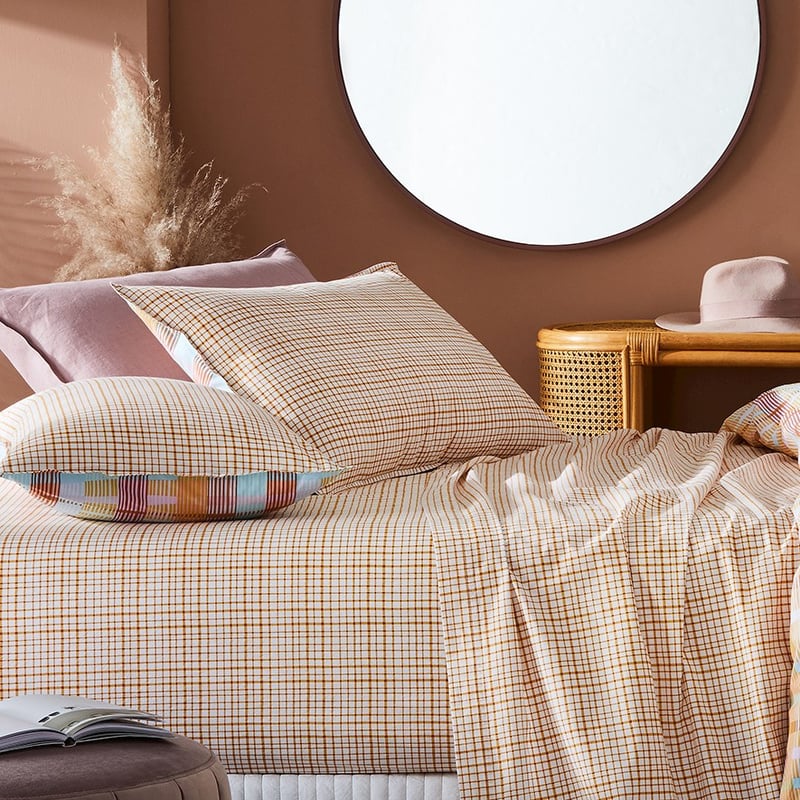 Stonewashed Cotton Printed Mustard Grid Sheet Set