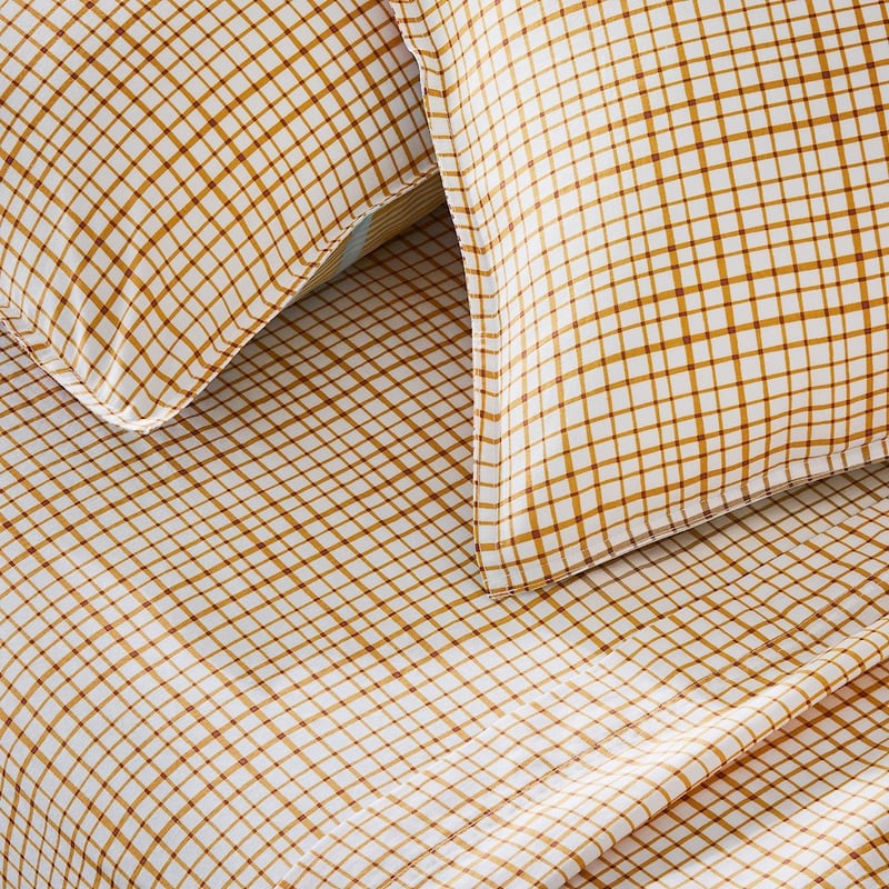 Stonewashed Cotton Printed Mustard Grid Sheet Set