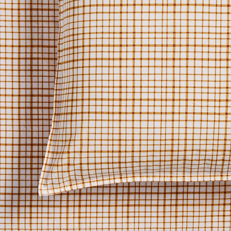 Stonewashed Cotton Printed Mustard Grid Sheet Set