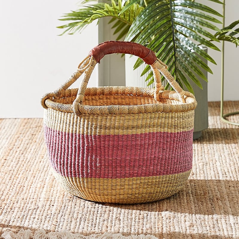 Bolga Basket Round Dia43xH25cm Pink/Natural 