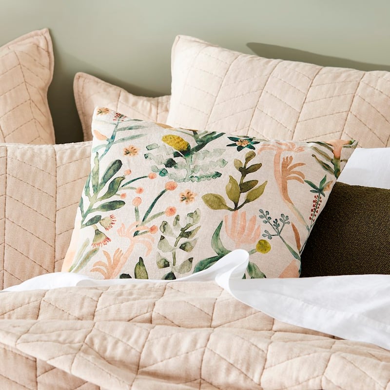Habitation Floral Green & Pink Linen Cushion 