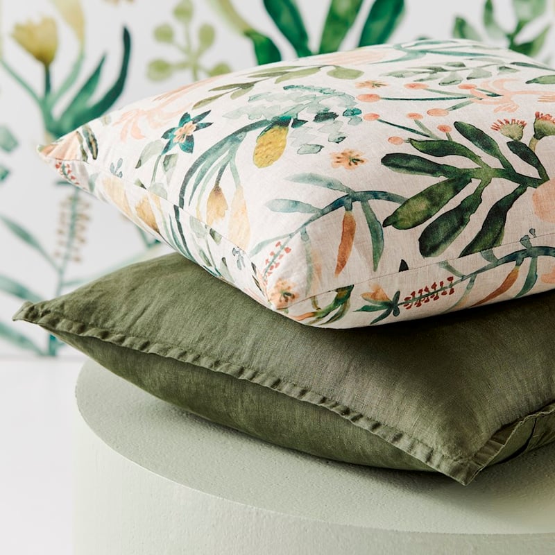 Habitation Floral Green & Pink Linen Cushion 