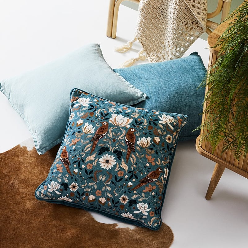 Mongolian Garden Velvet Cushion 50x50cm Teal 