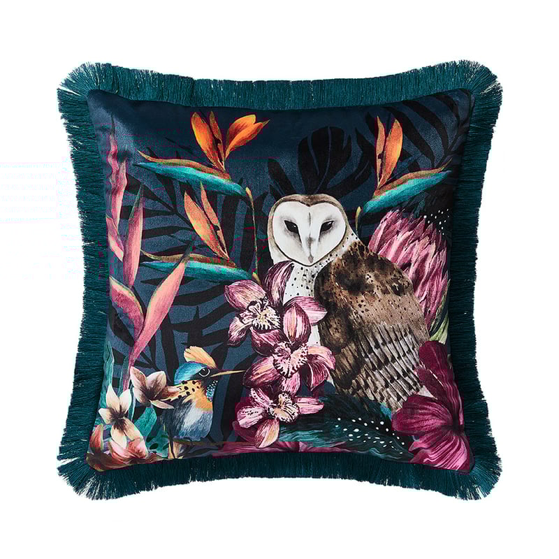Midnight Barn Owl Teal Cushion