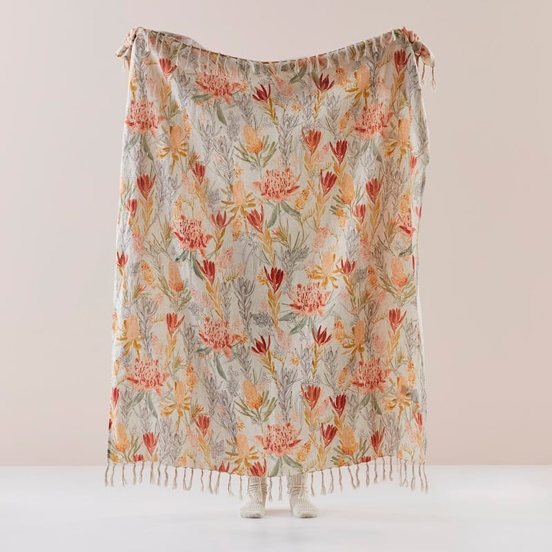 Waratah Floral Rust Linen Throw  