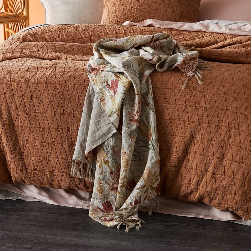 Waratah Floral Rust Linen Throw  
