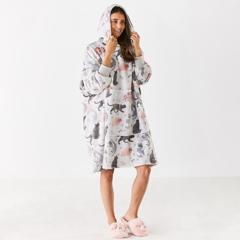 Teddy Soft Grey Multi Cat Paws Hooded Blanket