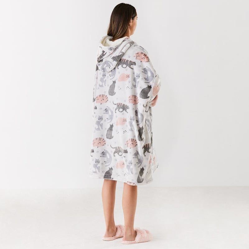 Teddy Soft Grey Multi Cat Paws Hooded Blanket
