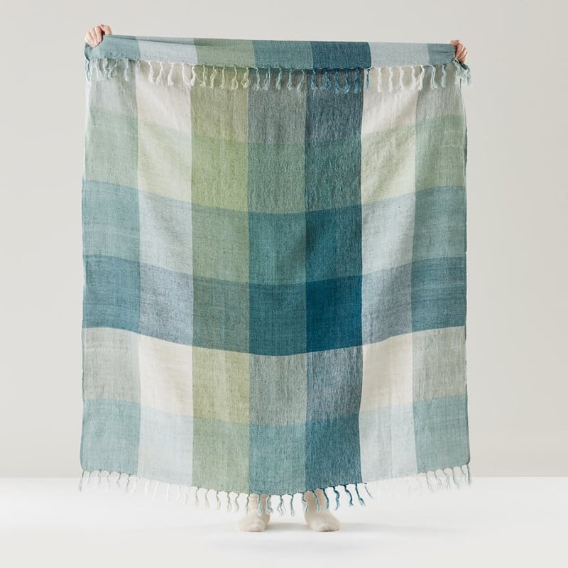Rae Malmo Greens Check Linen Throw