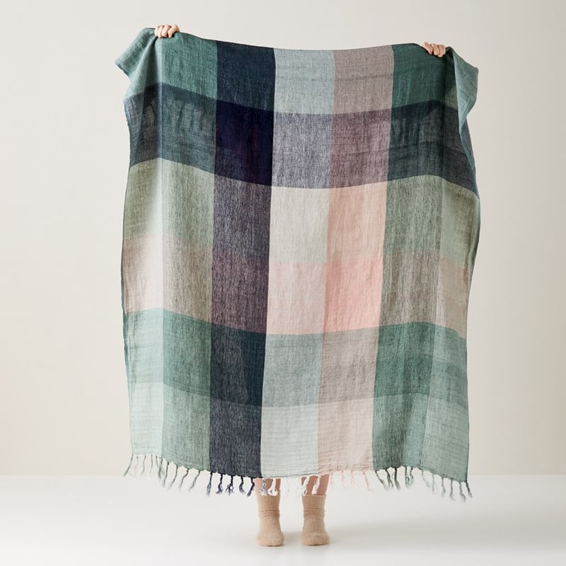 Rae Malmo Check Multi Greens Linen Throw