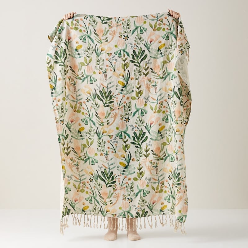 Habitation Floral Linen Green & Pink Throw 