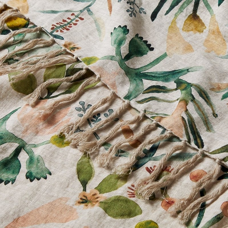 Habitation Floral Linen Green & Pink Throw 
