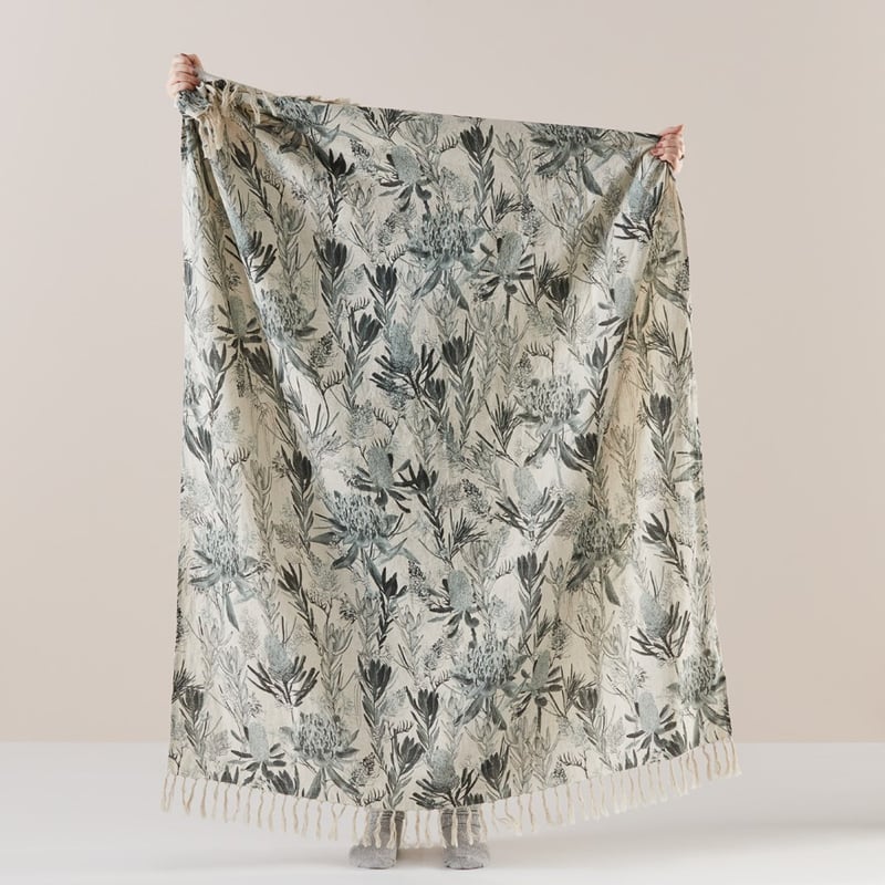 Waratah Floral Green Linen Throw