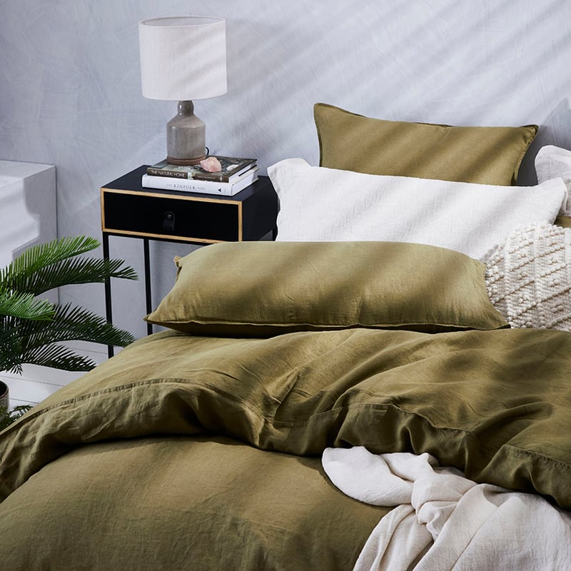 Vintage Washed Linen Quilt Cover Olive