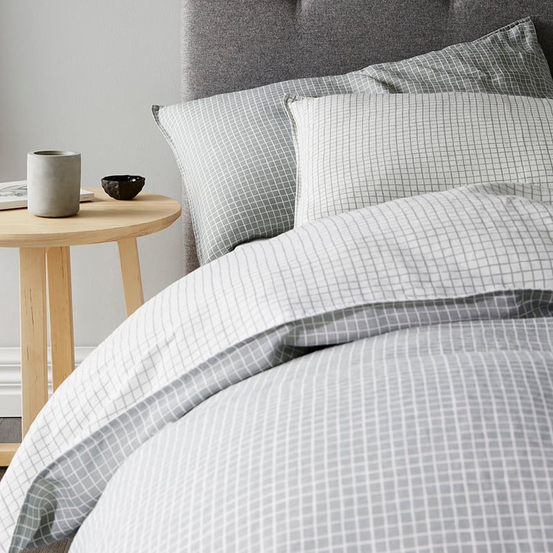 Vintage Washed Linen Quilt Cover Silver Grid