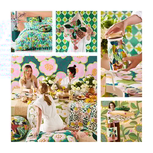 Varied images from the Togetherness Collection of multicoloured furnishings, homewares and tableware. 