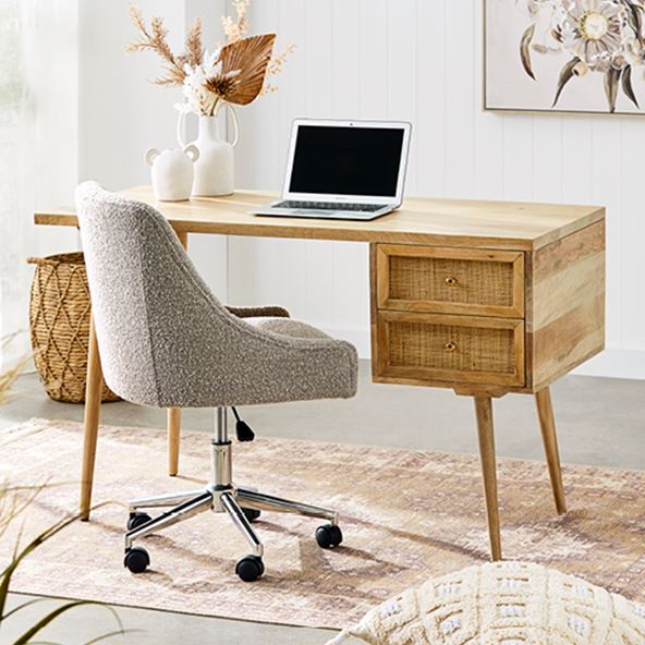 Study with Anjuna Natural Desk and Desk Chair, siting on top of a large rug styled with neutral colours. 