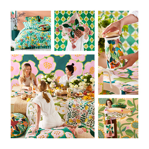 Varied images from the Togetherness Collection of multicoloured furnishings, homewares and tableware. 