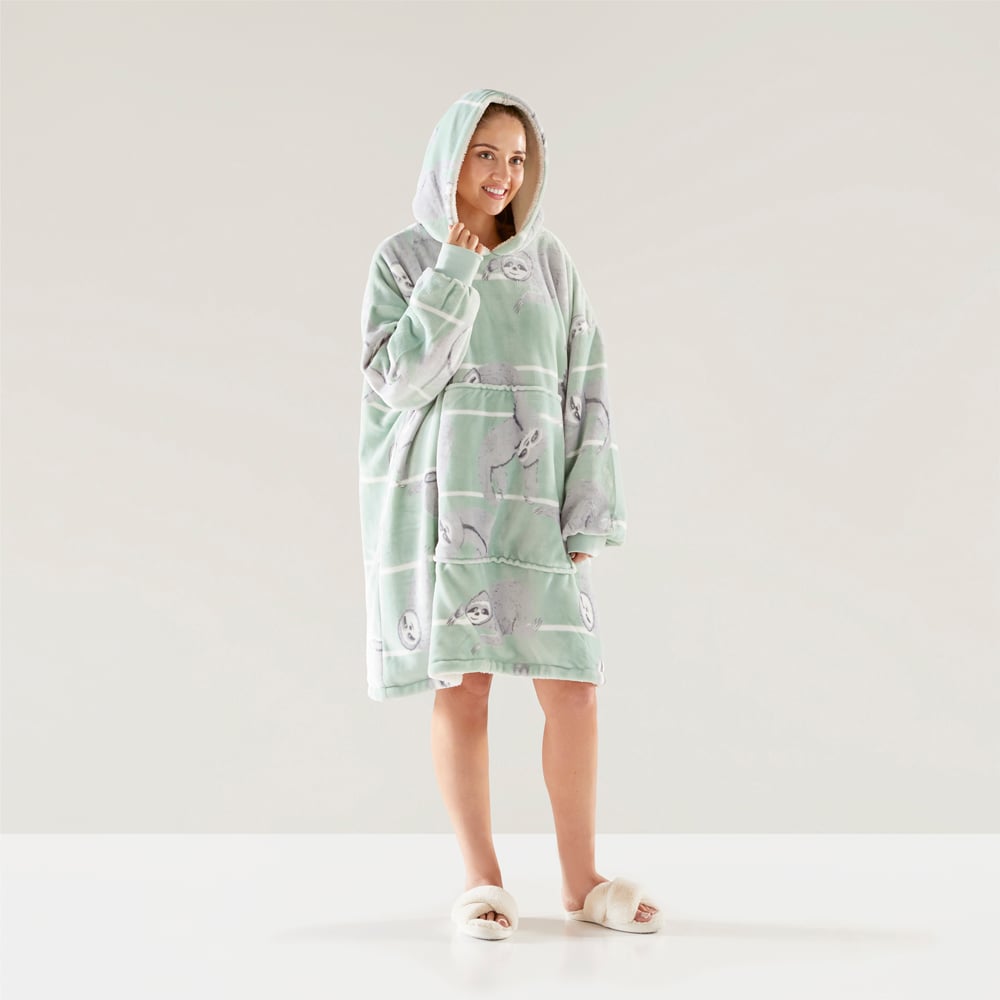 Teddy Soft Green Multi Sloths Hooded Blanket Adairs