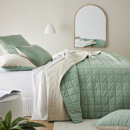 Olsen Natural & Eucalyptus Linen Cotton Coverlet + Pillowcases