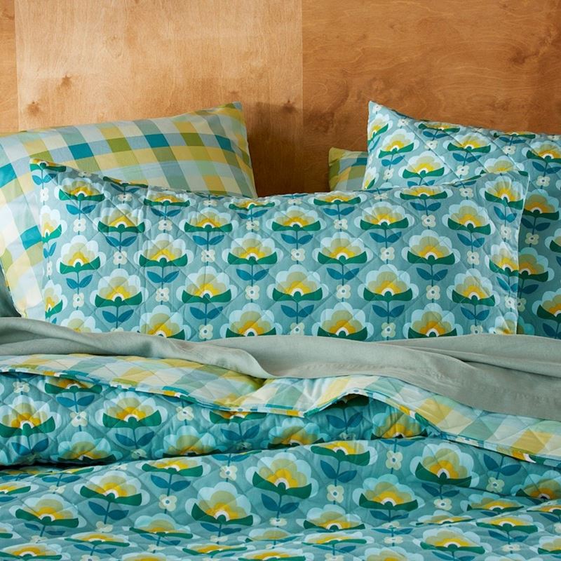 Retro Stems Peacock Quilted Coverlet + Pillowcases