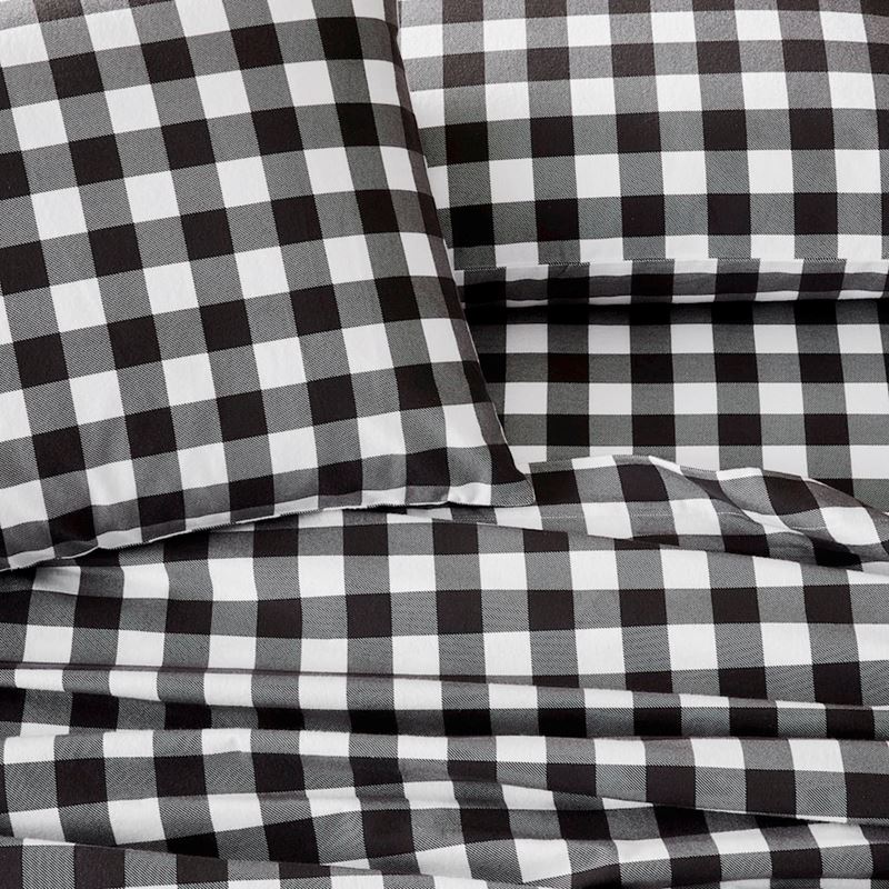 Printed Gingham Charcoal Flannelette Sheet Separates + Pillowcases